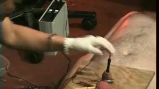 Big titted mistress puts stick inside cock of screaming slave and elektroshocks him