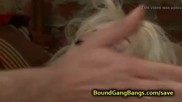 Tied up blonde asshole fucked in group